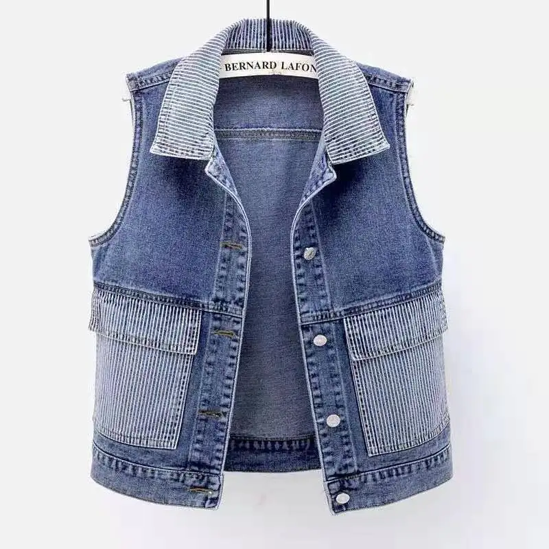 Denim Jacket Personality Fashion Denim Big Pocket Vest Women Striped Stitching 2021 Spring and Autumn Loose Coat Jacket Women