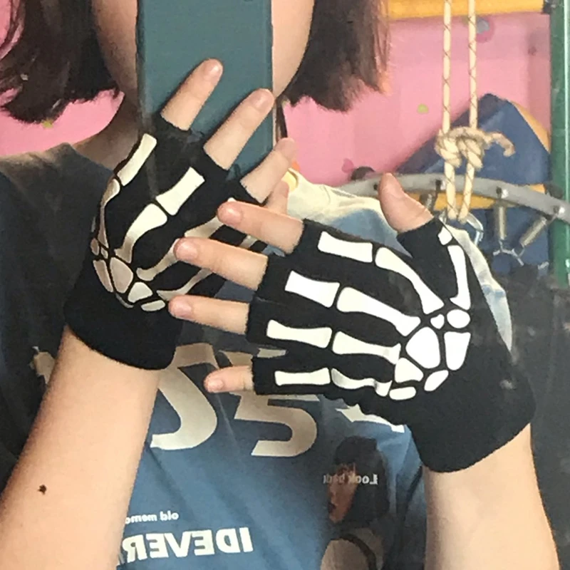 Neue Punk-Handschuhe, Unisex, Halloween, Skelett, Totenkopf, Halbfinger-Handschuhe, leuchtet im Dunkeln, fingerlose Stretch-Strick-Winter-Fäustlinge