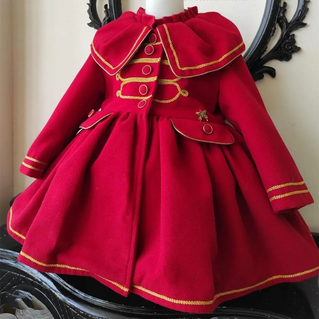 1-12Y Baby Girl Autumn Winter Handmand Customized Palace England Spanish Red Princess Wool Coat for Casual