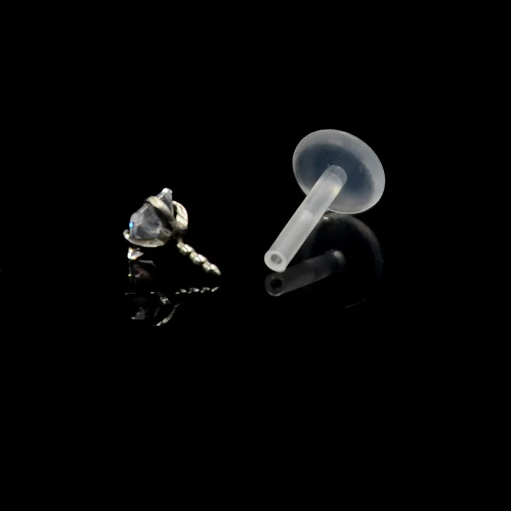 1Pc Bioplast Flexible 16G  6/8mm Ear Cartilage Tragus Piercing Body Jewelry Push-in Labret Lip Stud with Press Fit Steel Zircon
