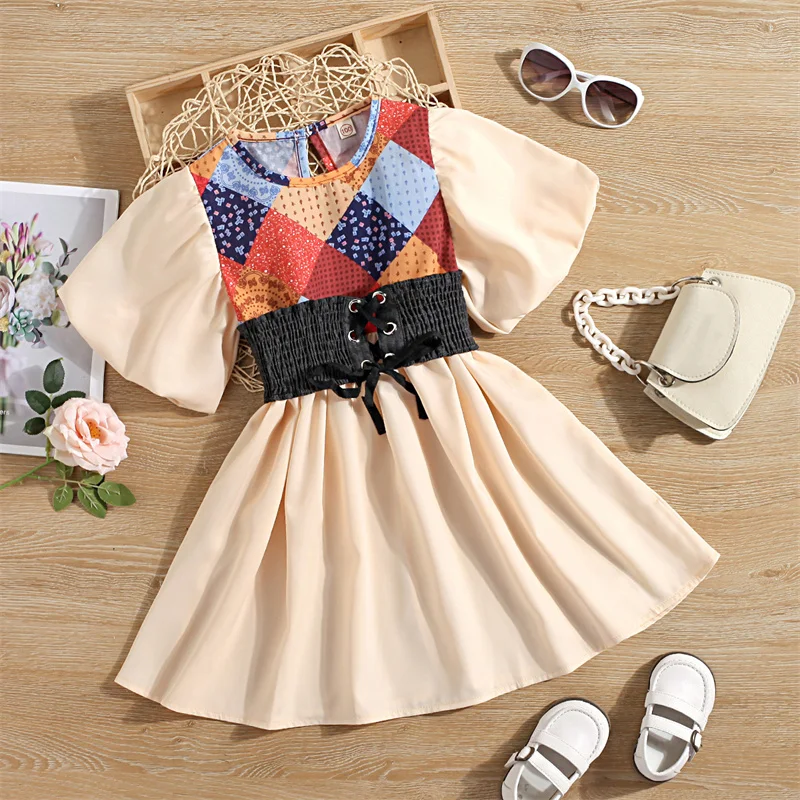 

Casual Bohemian Girls Dress Puff Sleeve vestido Vintage Girls Clothes Bandage Summer Princess Dress Patchwork Print Kids Dresses