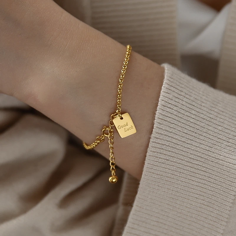 YUN RUO Yellow Gold Color Good Luck Square Bracelet Snake Chain Woman Birthday Gift 316L Titanium Steel Jewelry Not Change Color