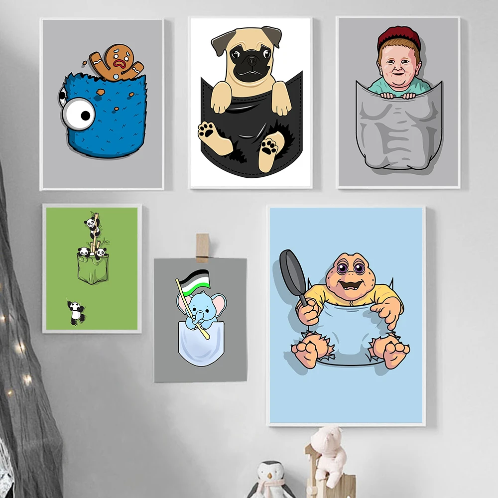 

Cartoon animal poster pop art dog panda elephant print picture funny baby pocket canvas painting children room wall decoration