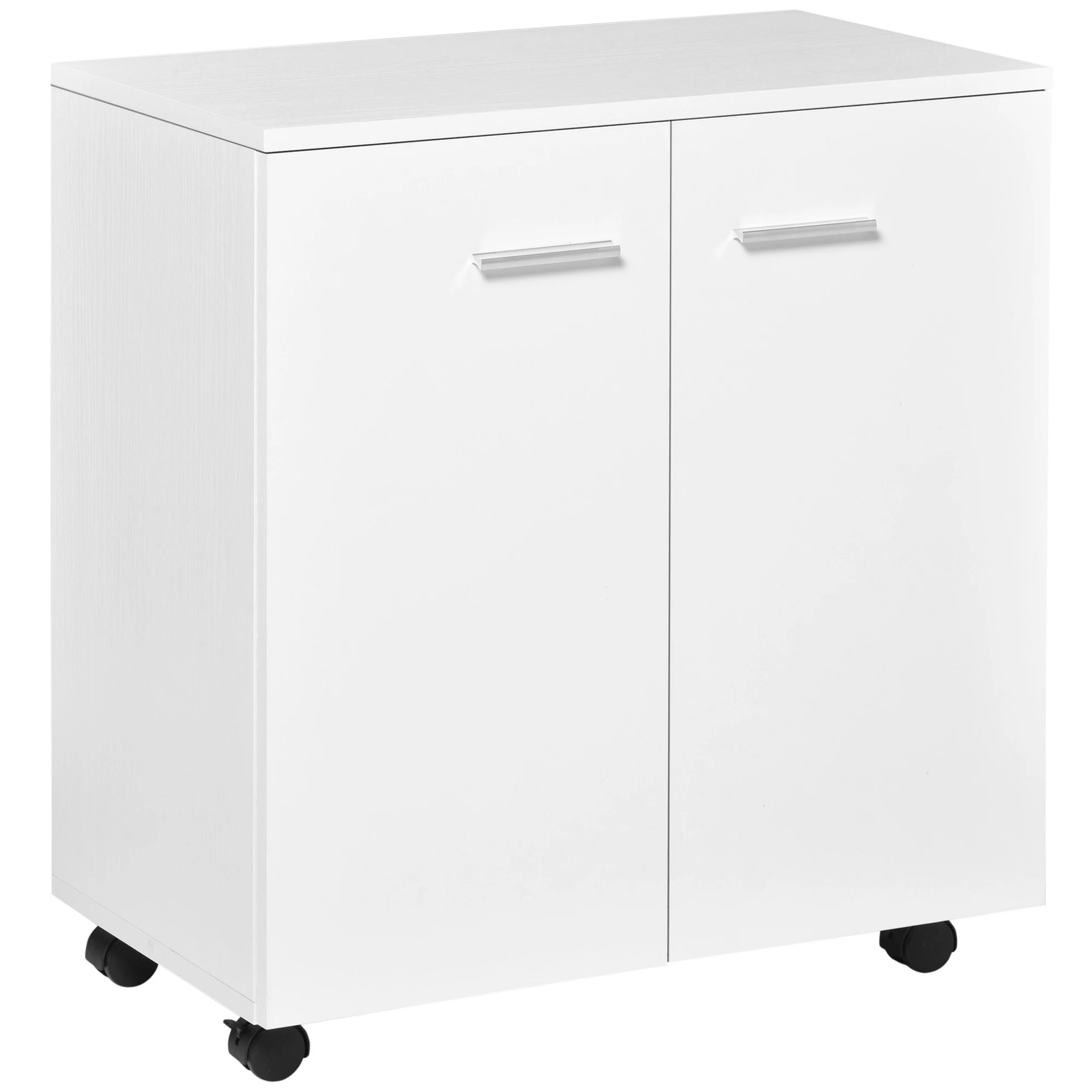 HOMCOM-Mueble Auxiliar de Madera Con Ruedas y 2 Puertas, 60x35x65cm, Blanco