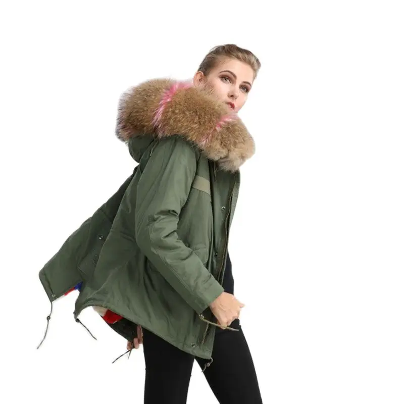 Real Mink Fur Army Green Short Parka Ladies Casual Wear Colorful Luxury Mink Fur Lined Winter Wear