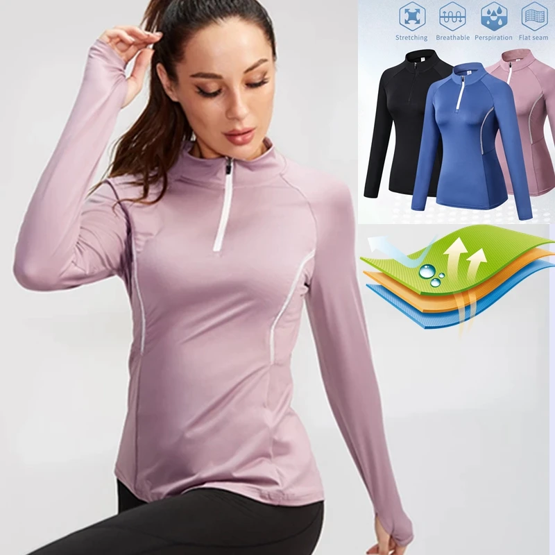 Better Quality Zipper Turtleneck Women Sport Workout T-shirt Fitness Tight female Blouse Running Sportswear Long sleeve Gym Yoga