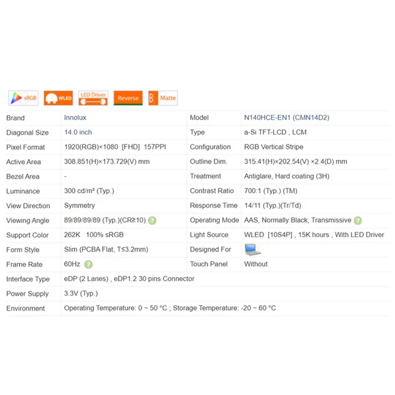 Imagem -02 - Ips Display Painel de Matriz Nv140fhm-n62 N140hce-en1 Rev c2 Portátil Led Tela Lcd 72 Ntsc Fhd 30 Pinos 1920*1080 14