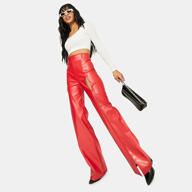 Faux lederen broek met split en vlam voor dames casual pvc los breed been broek PU latex hoge taille plus maat flare broek op maat