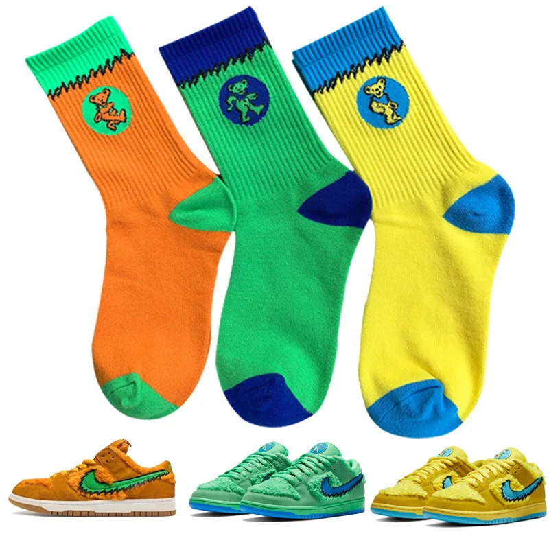 Vintages Style Crew Socks Grateful Bears Original Dunk Dancing Bear Sb Green Yellow Orange Blue Street Fashion SBs Deadhead GD