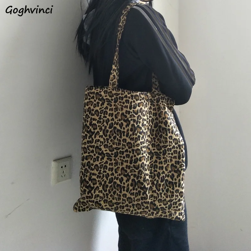 Shopping Bags Women Canvas Leopard Fashion Ins All-match Students Ulzzang Trendy Vintage Shoppers Chic Simple Chic Retro Totebag