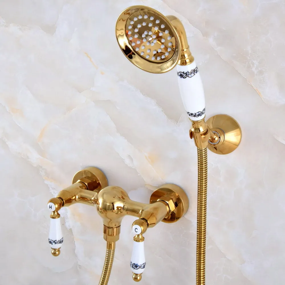 

Luxury Gold Color Brass Wall Mounted Bathroom Faucet With Hand Held Shower Head Bathroom Shower Faucet Set Mixer Tap zna980