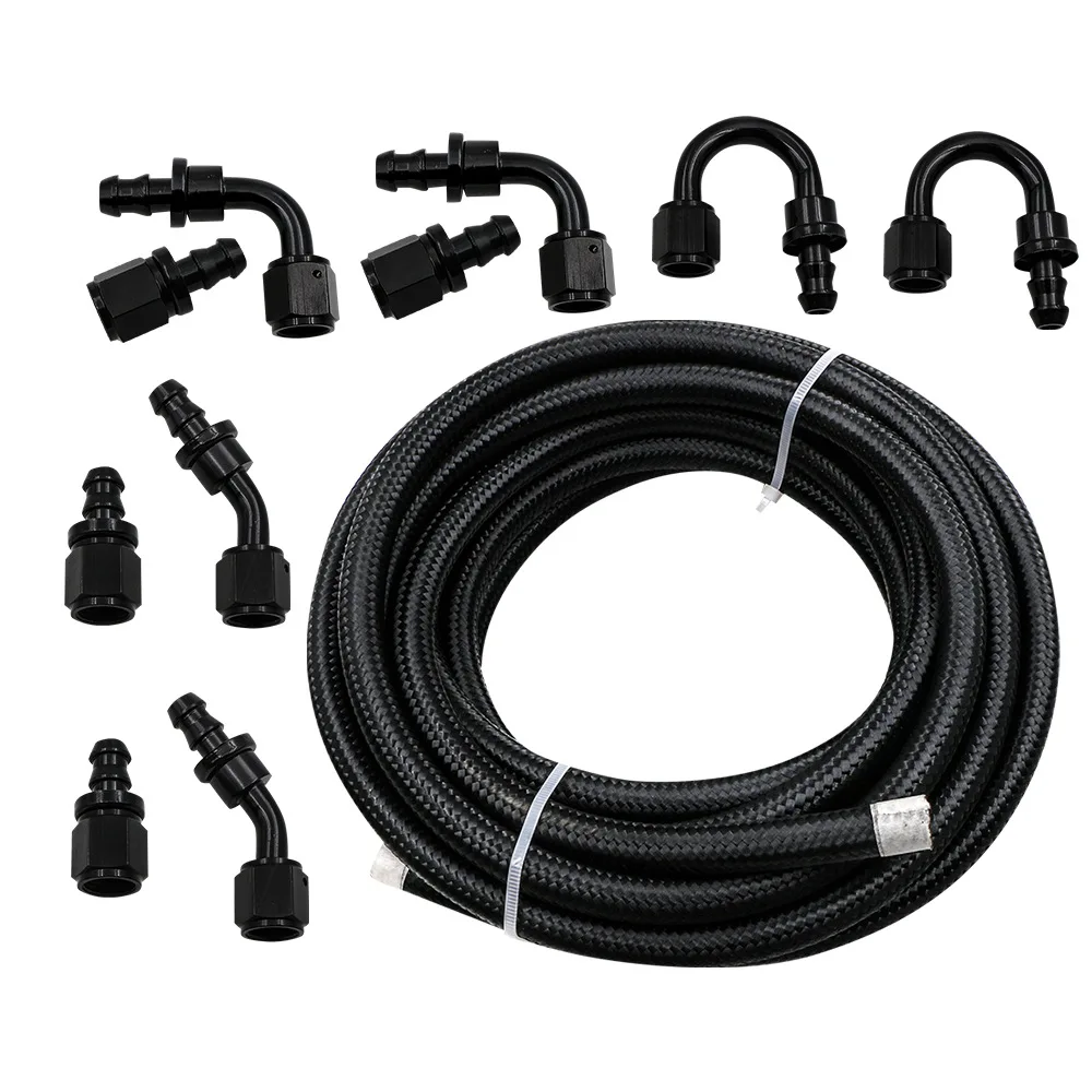 6 Meters Black AN6 Braided Fuel Hose Line with 0/45/90/180 Degrees Fuel Hose End Fitting Adapter Cooling Hose Pile Kit