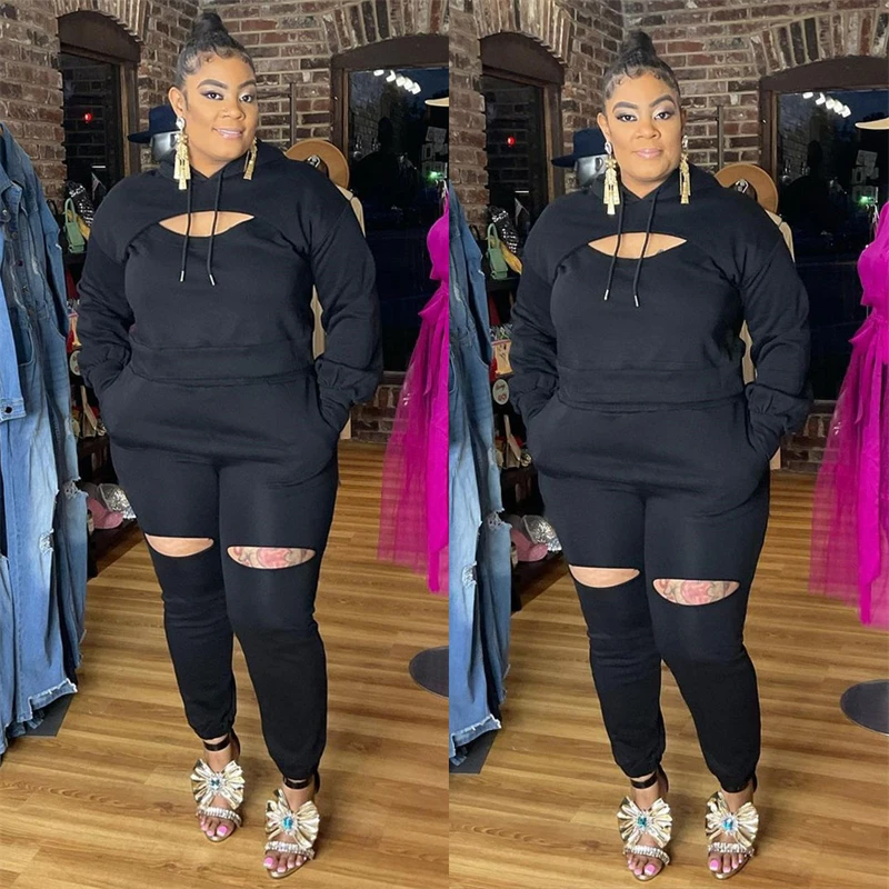 Plus Size Women Clothing Black Sport Set Long Sleeve Tops and Pants Set Tracksuit Ladies Jogging Suits Wholesale Dropshipping