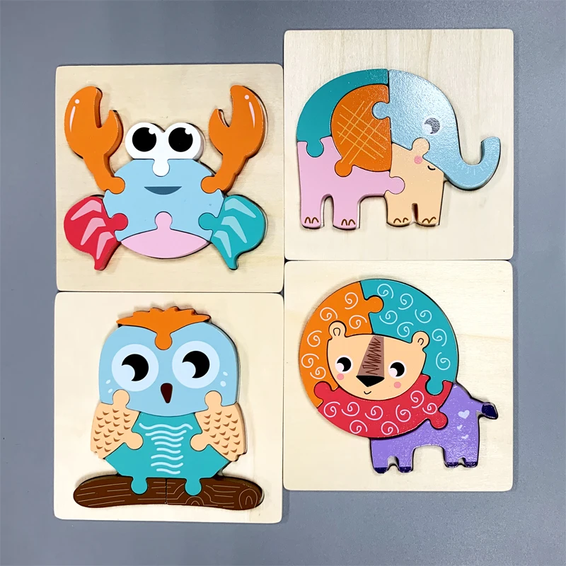 

4 Pcs/set Animal 3D Wooden Puzzle Baby Hand Grip Jigsaw Crab Elephant Owl Lion Pattern Kids Early Learning Educatonal Toys