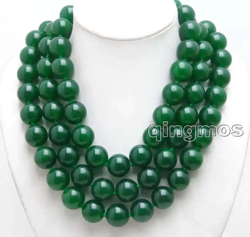 Qingmos Natural Jades Necklace for Women with Green 20mm Round Jades Necklace Stone Jewelry 3 Strands 18-23