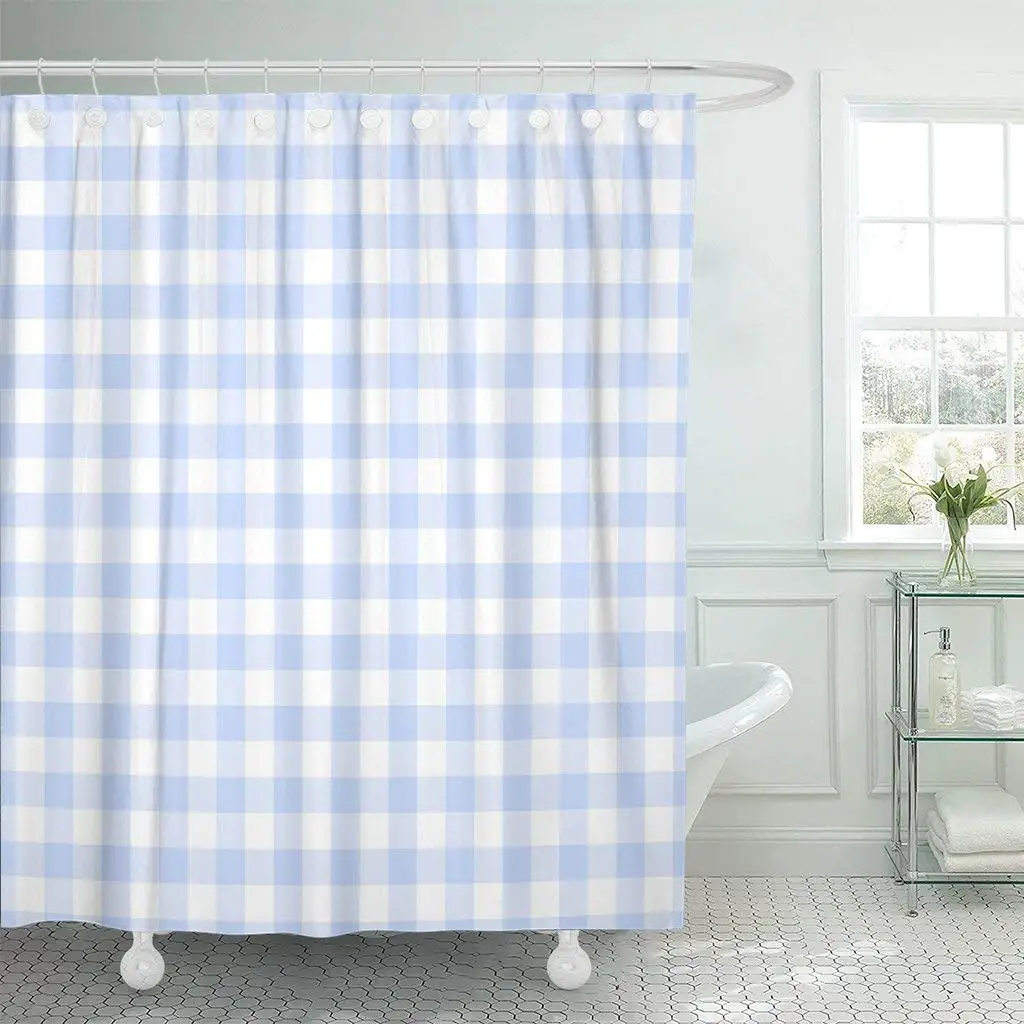 Pattern Light Blue Gingham Plaid Check Tartan White Checkered Shower Curtain Waterproof Polyester Fabric 72 x 72 Inches Set