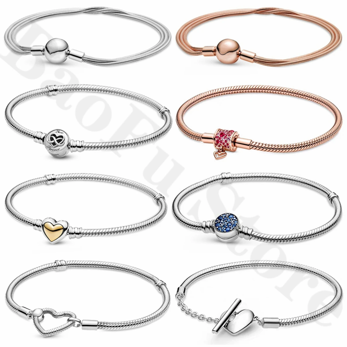 2021 New 100% 925 Sterling Silver pan Moments Heart Infinity Clasp Snake Chain Bracelet Fit Party Woman Jewelry Gift