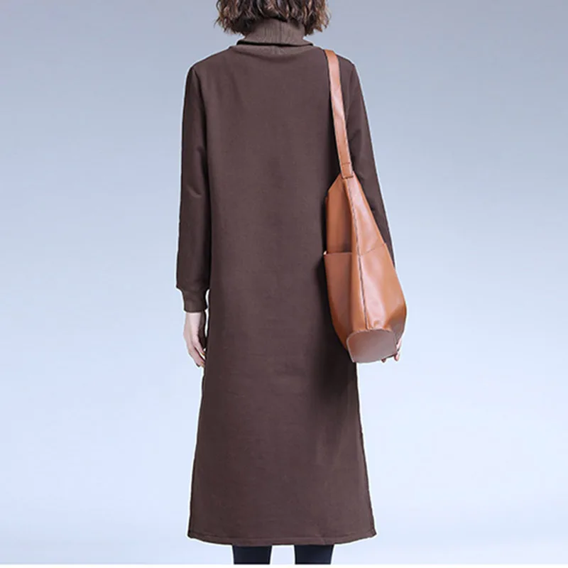 Turtleneck Cotton Dress For Women Vintage Dress Casual Loose Long Sleeve Elegant Party Clothes Autumn and Winter F2578