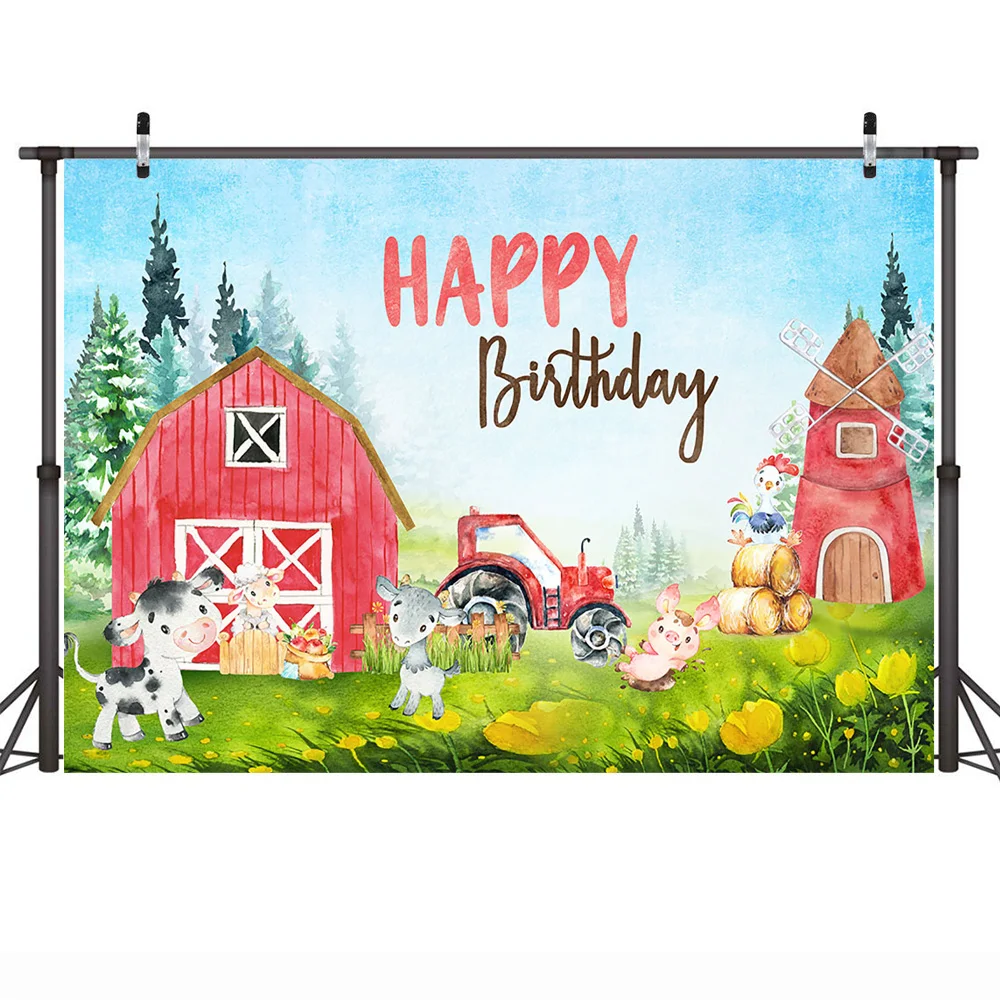 Farm Courtyard Happy Birthday Party Backdrop Decoration Red Barn Wild Animals Background Flowers Kids Birthday Cake Smash Photo