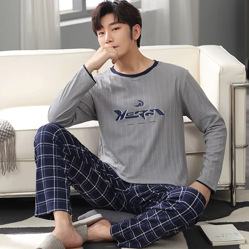 

Men Pajamas Suit 2PCS Tops&Plaid Pants Nightwear Cotton Nightgown Sleep Set Sleepwear 2021 New Home Wear Loose Intimate Lingerie