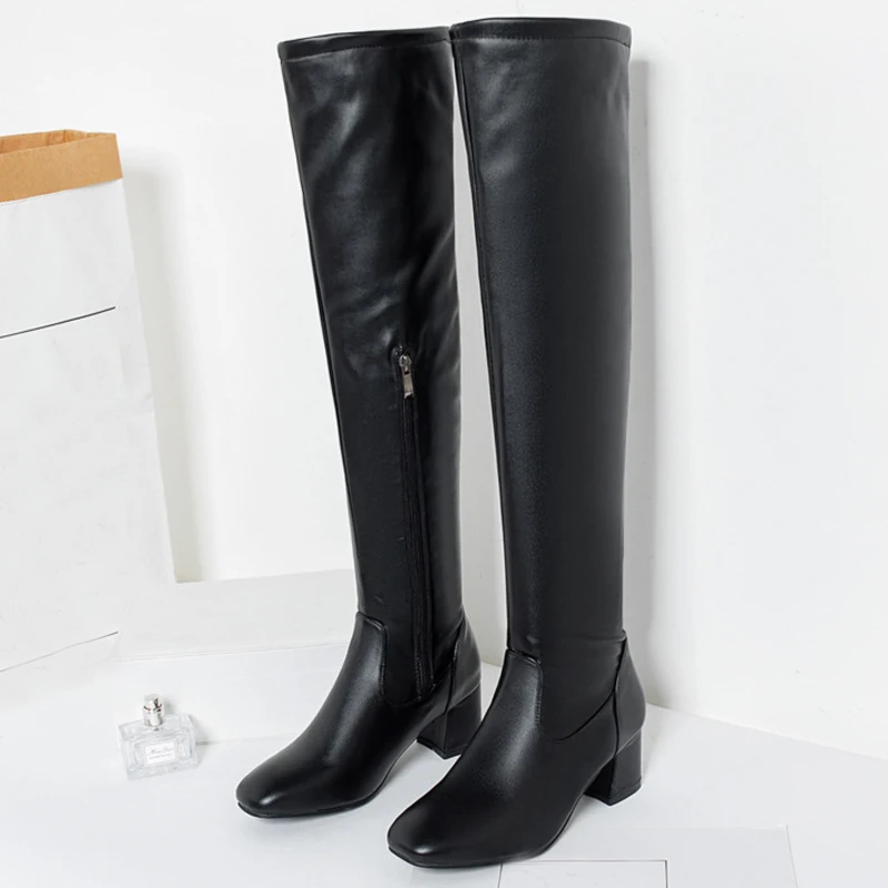 Classic Thigh High Boots Women Autumn Winter Square Middle Heel Over The Knee Boots Balck White Shoes Woman Plus Size 45 WSH3699