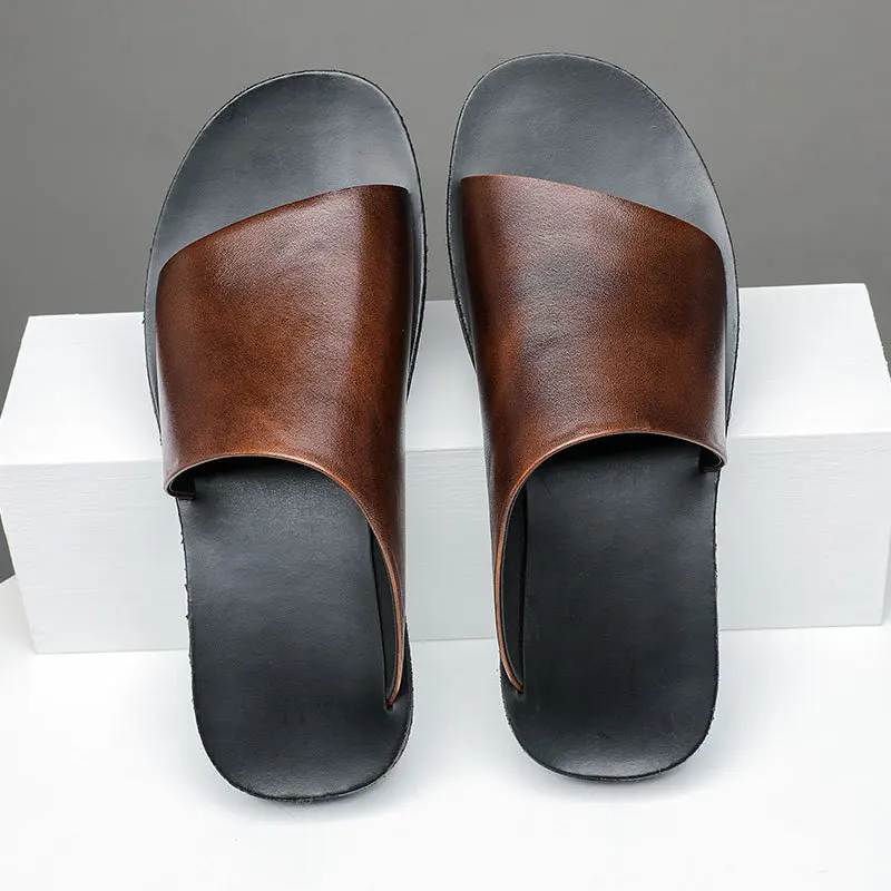 Mens Summer New Genuine Leather Classic Vintage Non-Slip Concise Fashion Male Slippers High Street Casual Korean Style