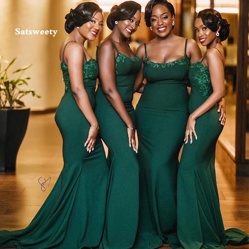 

Dark Green Mermaid Bridesmaid Dress Spaghetti Straps Long Satin Wedding Guest Party Dress Appliques Beaded Maid Of Honor Dresses