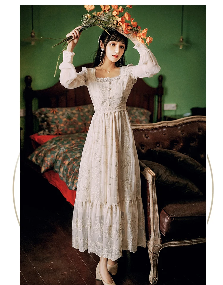 Tingfly Sweet Soft Girl A Line Dress Summer Lace Embroidery Button