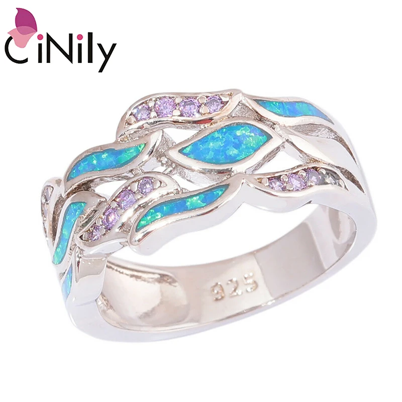 CiNily  Blue Fire Opal Wide Rings With Stone Silver Plated Lilac Ctystal Leafs Fallen Leaves Bohemia BOHO Jewelry Woman Gift