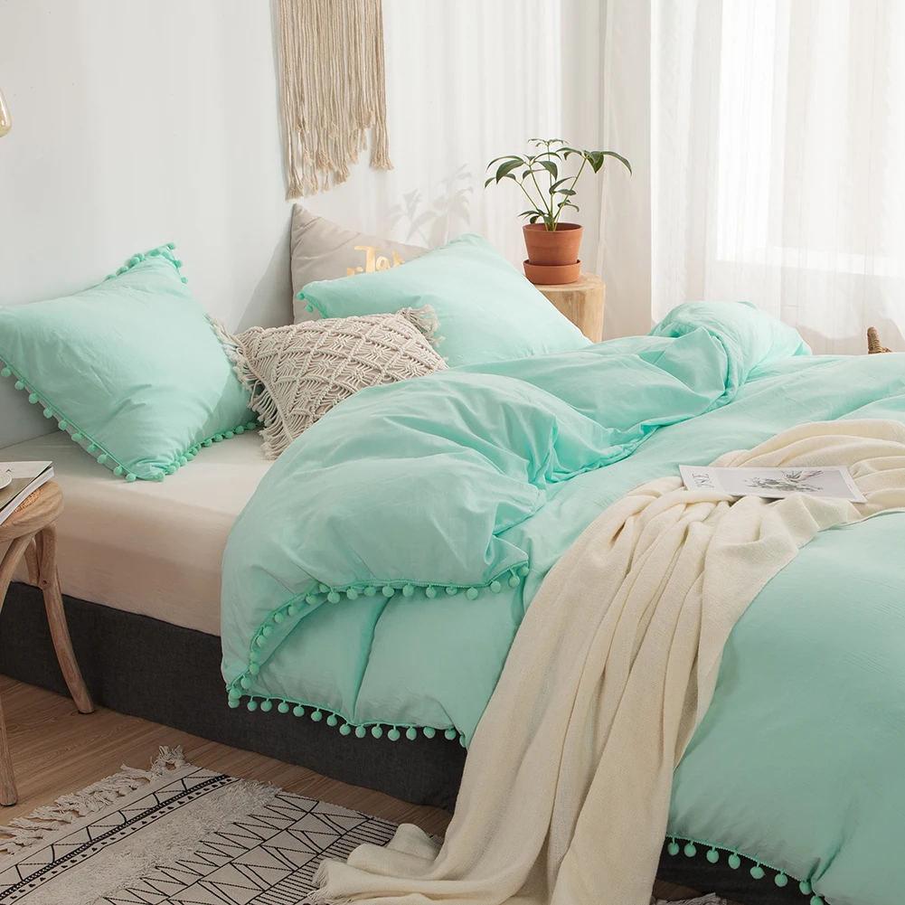 

Turquois Bedding Set Aqua Blue Duvet Cover Set Pom Poms Shabby Chic Bed Set Soft Solid Color Bed Linen Home Textile No Comforter