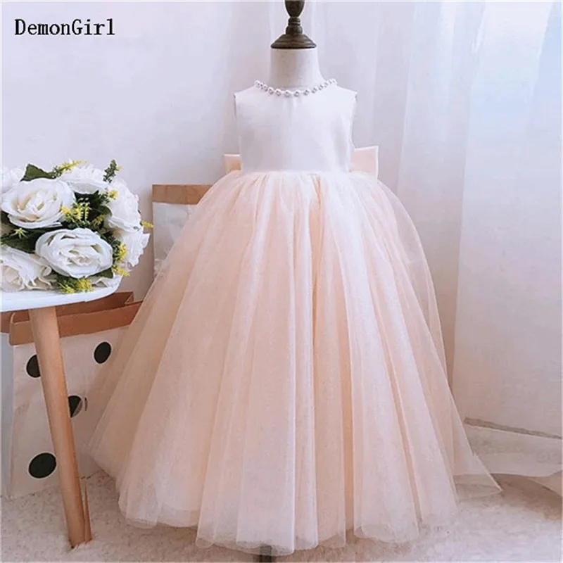 Champagne Long Flower Girl Dress Layers Tulle O Neck High Waist Kids Clothes Baby Girl Birthday Party Gowns Big Bow