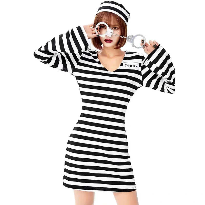 Black And White Stripes Female Prisoner Cosplay Women Halloween Prison Suit Costumes Carnival Purim Parade Role Play Party Dress