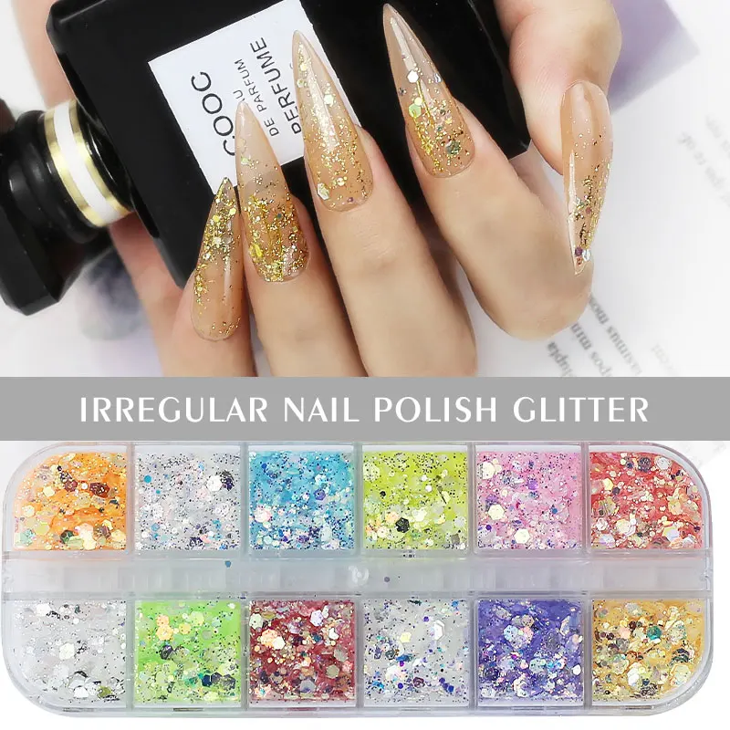 Parkson Nail Glitter Sequins Sparkly 12 Grids/Box Holographic 3D Sparkly Paillette Flakes Shining Charm Art Decorations Maincure