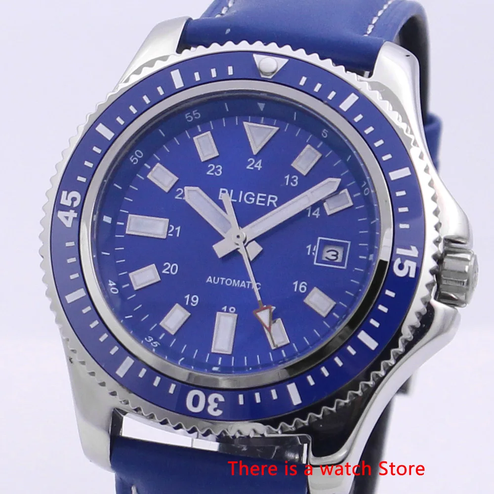 

Bliger 44mm Automatic Mechanical Watch Men Blue Dial Luxury Brand Luminous Waterproof Leather Strap Calendar Wristwatch Men