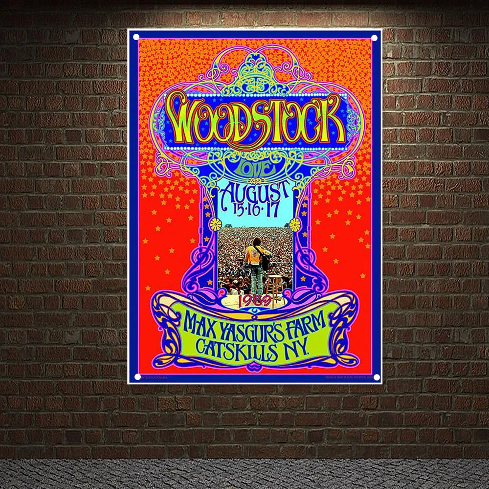 Retro Woodstock Music Festival Poster Wall Art Rock Band Banner  Flags Canvas Artwork For Bedroom Living Room Wall Decoration C3