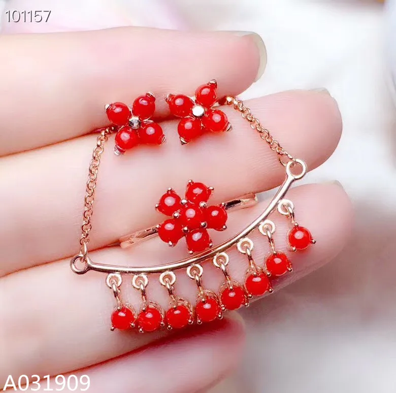 

KJJEAXCMY boutique jewelry 925 sterling silver inlaid Natural Red Coral Necklace Ring Earring Suit Support Detection trendy