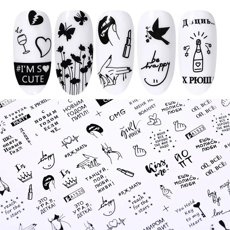 Black and White Love Letter Water Slider Stickers For Nails Sexy Girl Water Transfer Sticker Flower Leaf Manicuring Nail Supply