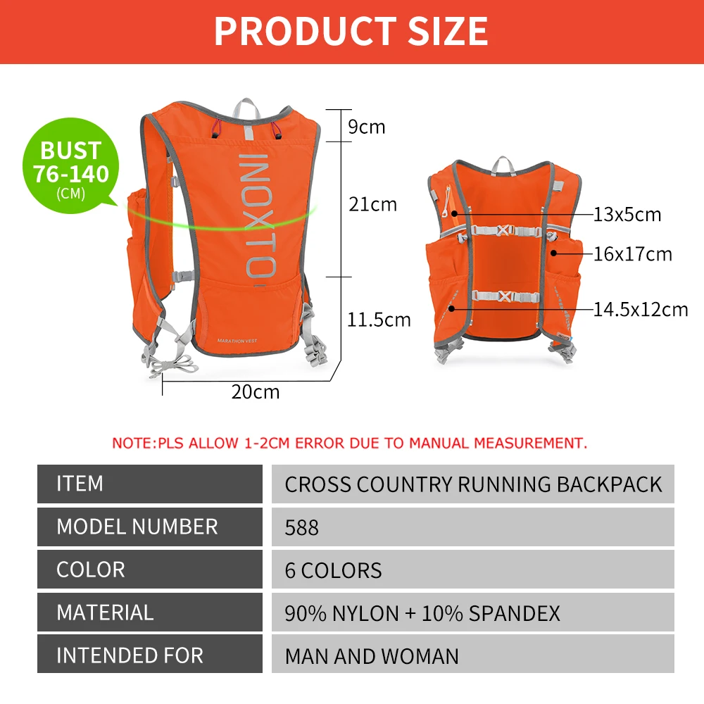 Quick-drying running backpack 5L, ultra-light hydrating vest mountain bike bag, breathable, 1.5L water bag 250ML water bottle