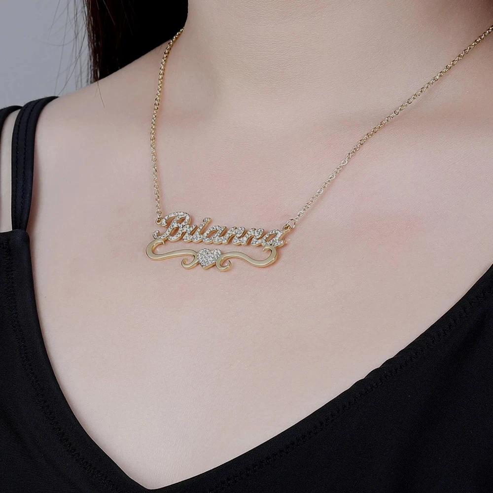 Personalized Name Necklace With Heart Pendants For Women Bling Iced Out Name Chain With Stainless Steel Custom Name Necklace Gif