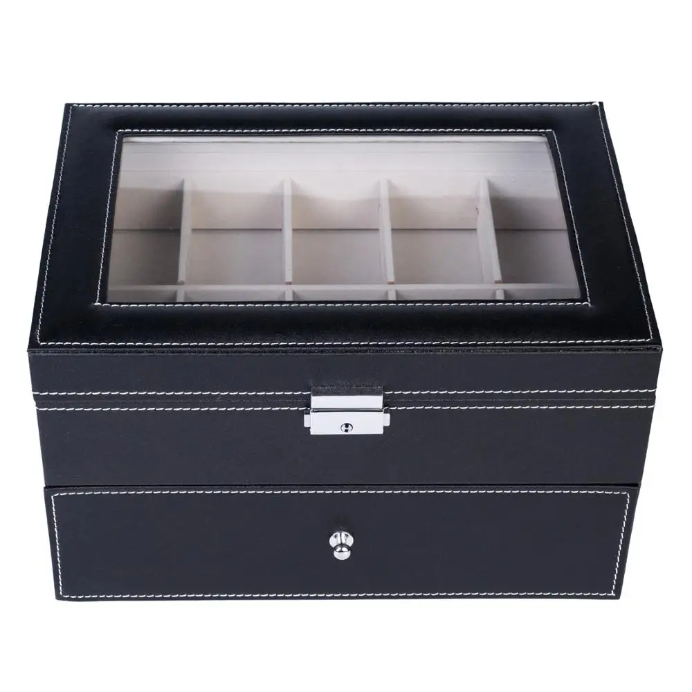 Elegant Wooden Watch Collection Storage Box Jewelry Display Case Organizer 2 Layers 20 Slots Portable and Practical Black[US-W]