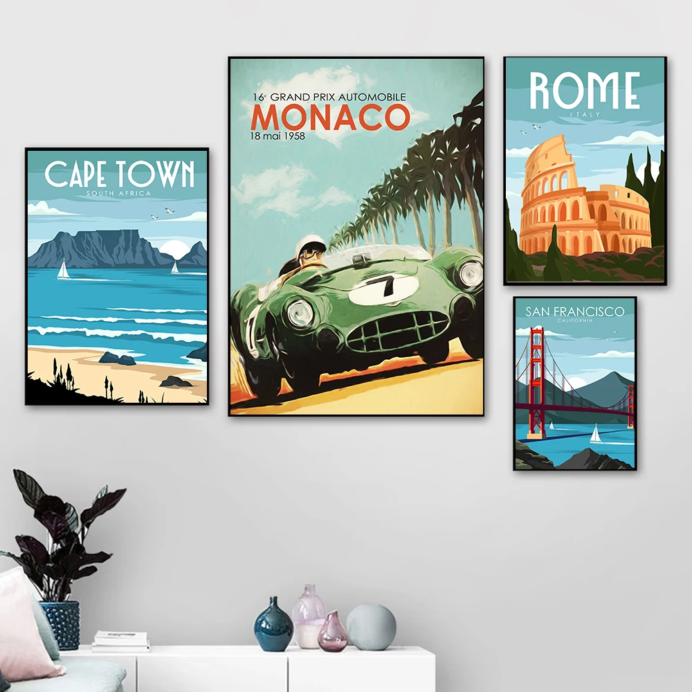 Cartoon City Landscape Travel Posters and Prints Rome Italy San Francisco Canvas Paintings For Home Cuadros Decoration Pictures