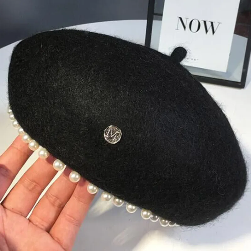 2022 Women\'s Cap Wool Berets Hat Elegant pearl Letter Vintage  Female Warm beret Hats Girls Flat cap beret for women