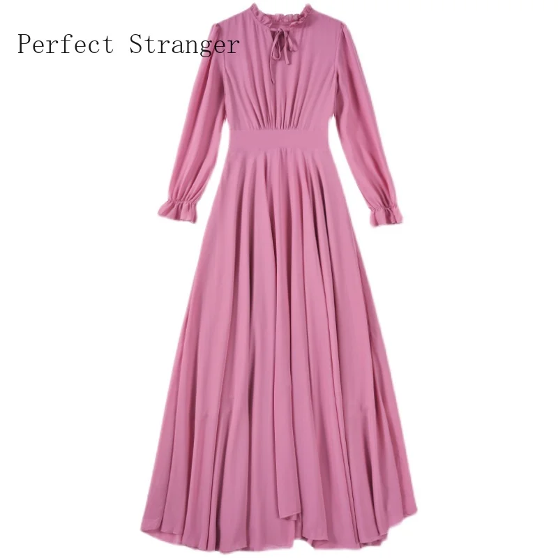 2022 Spring New Arrival Leisure Solid Color Long Sleeve Collect Waist Women Chiffon Long Dress High Qaulity Vestido Feminino