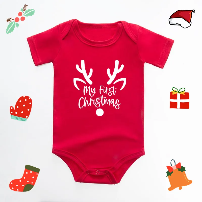 Baby\'s First Christmas Bodysuit Cute New Year Clothes for Boy and Girl Red Cotton Jumpsuit Infant Short Sleeve Playsuit Outfit