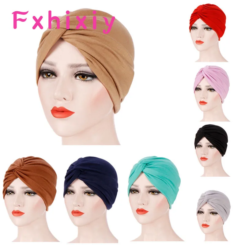 

Top Quality Muslim Forehead Cross Solid Color Cotton Turban Islamic Headwear India Hats Soft Bonnet for Women Inner Hijabs