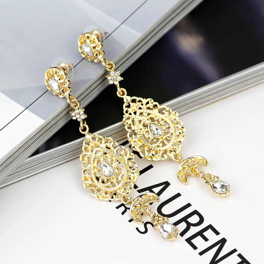 Sunspicems Moroccan Gold Color Long Drop Earring For Women Arab Ethnic Wedding Jewelry Algeria Bridal Pin Earring Gift