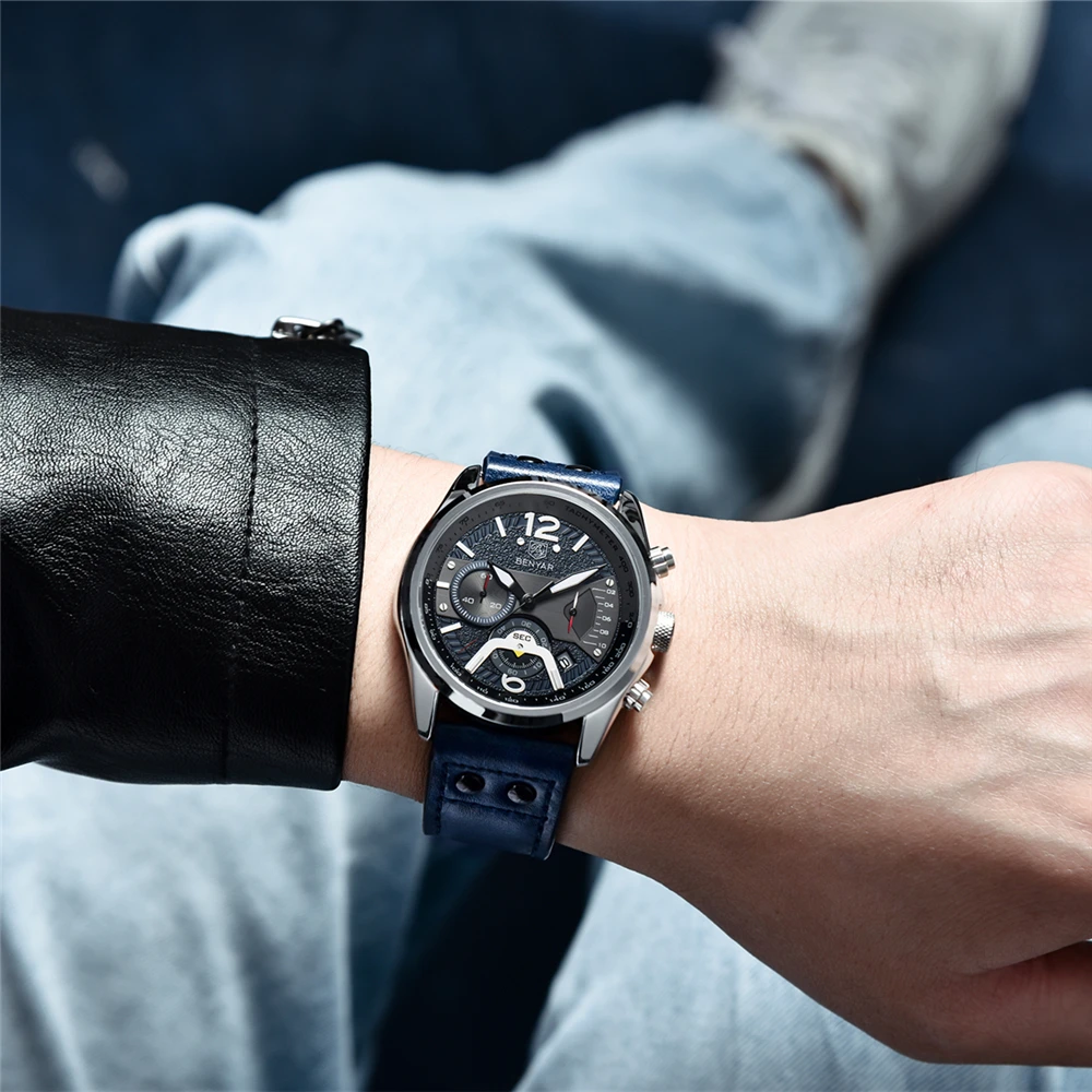 2023 New BENYAR Top Brand 42mm Men Quartz Watches Men\'s Pilot Waterproof Leather Watch Men Sport Chronograph Reloj Hombre