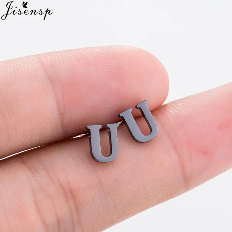 Jisensp Stainless Steel A-Z Initial Letter Earrings for Women Personalize Jewelry Cute Alphabet Stud Earrings Girl Birthday Gift