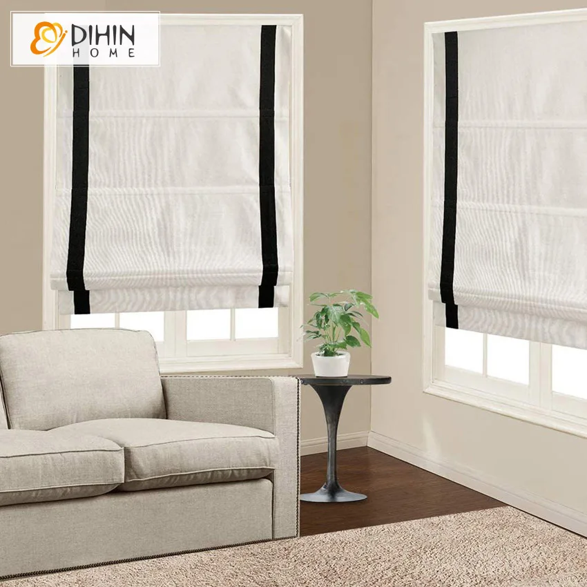 Modern Cotton Fabric White With Black Bands Roman Shades Light Filter / Blackout Roman Blinds Window Curtains With Mechanism