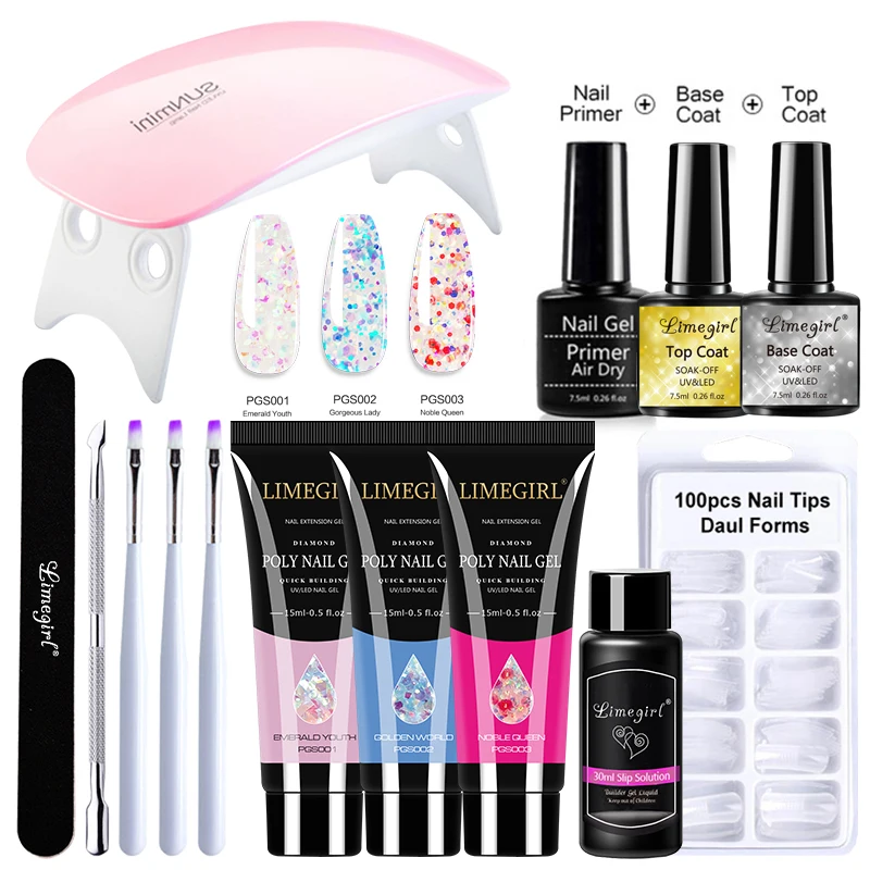 Limegirl Poly zestaw żelów do paznokci 6W LED lampa pełny zestaw do Manicure szybkie rozszerzenie zestaw do paznokci żel budynek Polygels zestaw do paznokci zestaw narzędzi